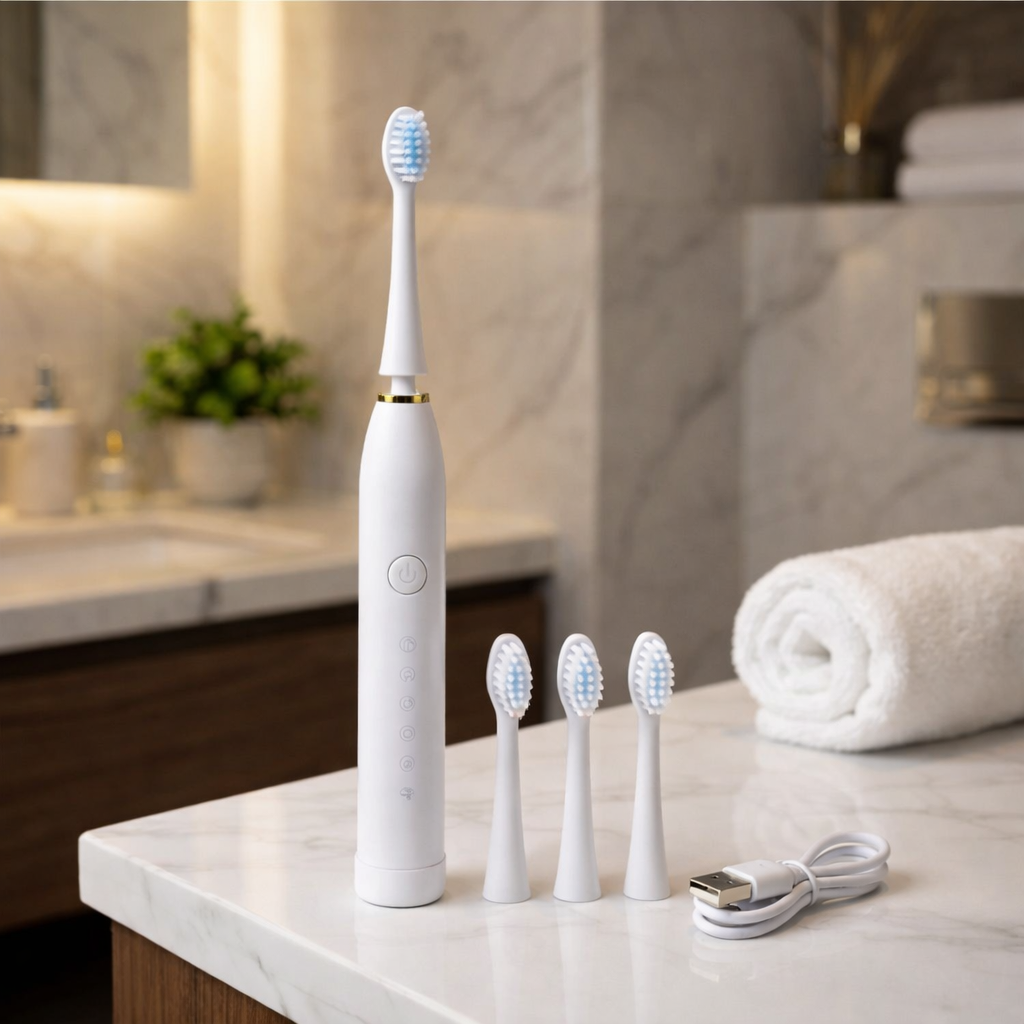 Rechargeable Electric Toothbrush (White) with 3 Extra Brush Heads