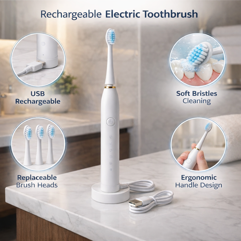 Rechargeable Electric Toothbrush (White) with 3 Extra Brush Heads