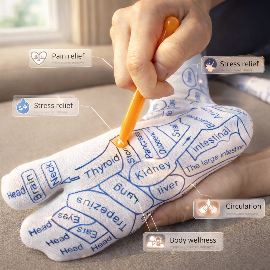 Reflexology Acupressure Therapy Socks Set with Foot Pressure Point Chart & Massage Stick