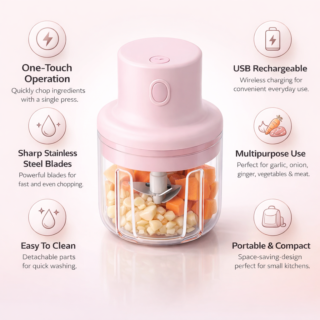 USB Rechargeable Electric Mini Garlic Chopper (250ml) – Portable Vegetable & Food Processor