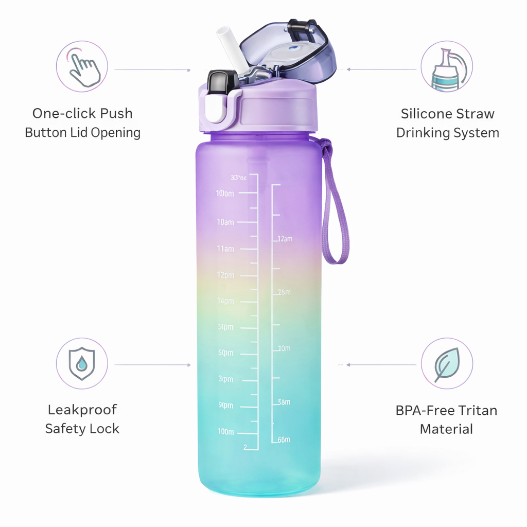 Motivational Water Bottle with Straw & Time Marker