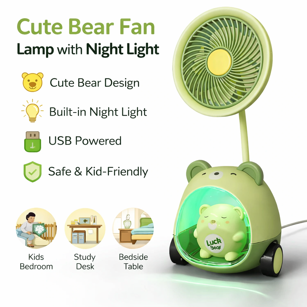 Cute Bear Fan Lamp with Night Light – Kids Table Fan for Study Desk & Bedside