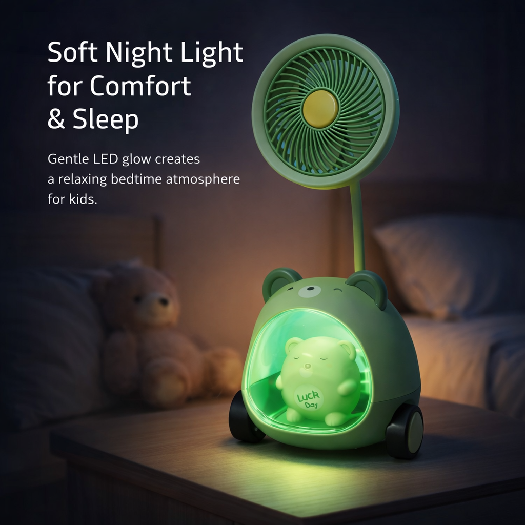 Cute Bear Fan Lamp with Night Light – Kids Table Fan for Study Desk & Bedside