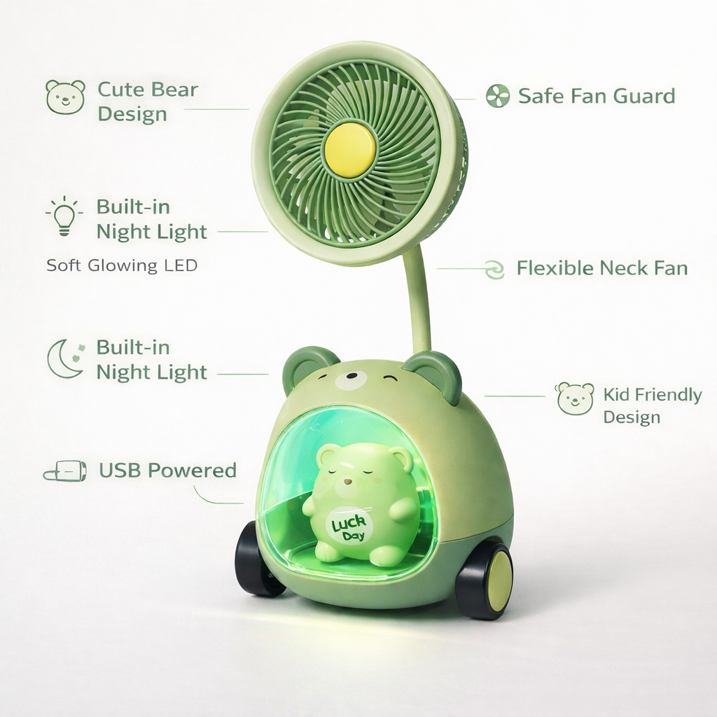 Cute Bear Fan Lamp with Night Light – Kids Table Fan for Study Desk & Bedside