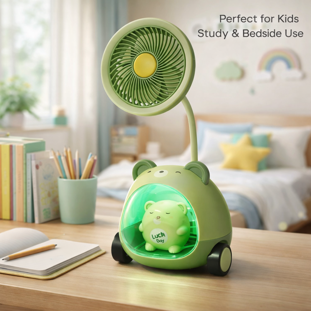 Cute Bear Fan Lamp with Night Light – Kids Table Fan for Study Desk & Bedside