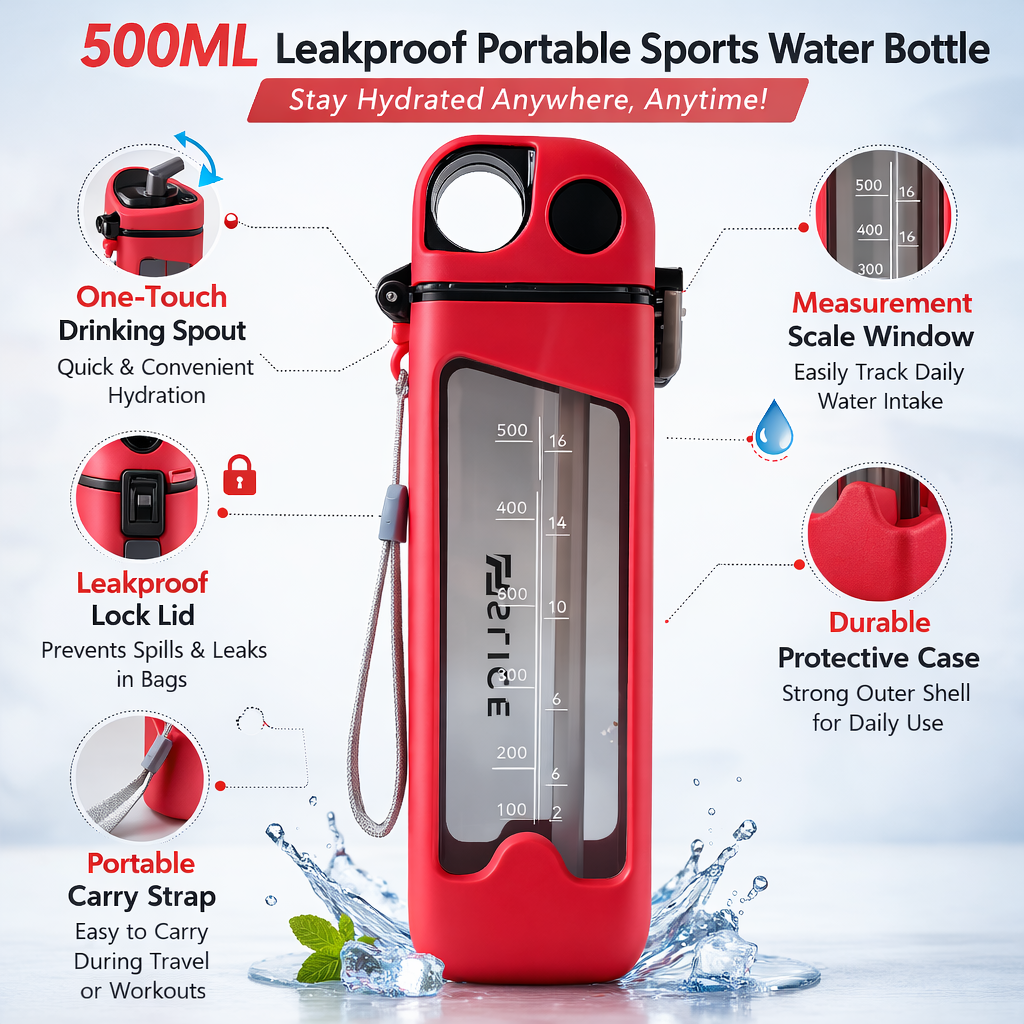 500ML Leakproof Sports Water Bottle with One-Touch Spout & Carry Strap – Portable Hydration Bottle for Gym, Travel & Daily Use