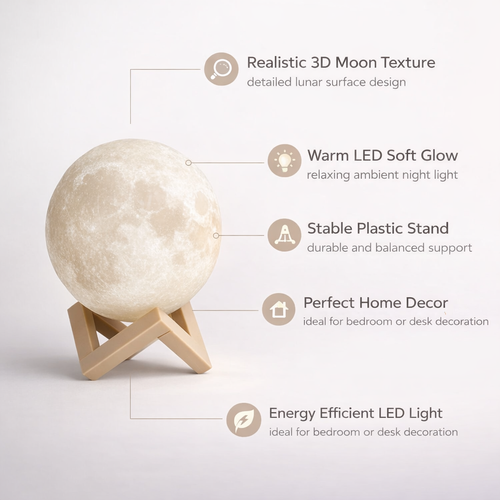 3D Moon Lamp with Plastic Stand | Warm LED Night Light for Home & Bedroom Decor