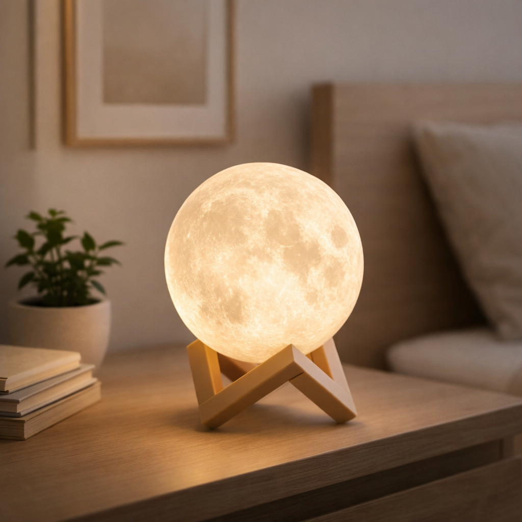 3D Moon Lamp with Plastic Stand | Warm LED Night Light for Home & Bedroom Decor