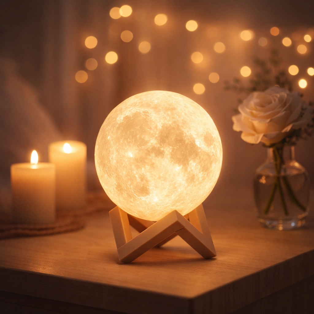 3D Moon Lamp with Plastic Stand | Warm LED Night Light for Home & Bedroom Decor