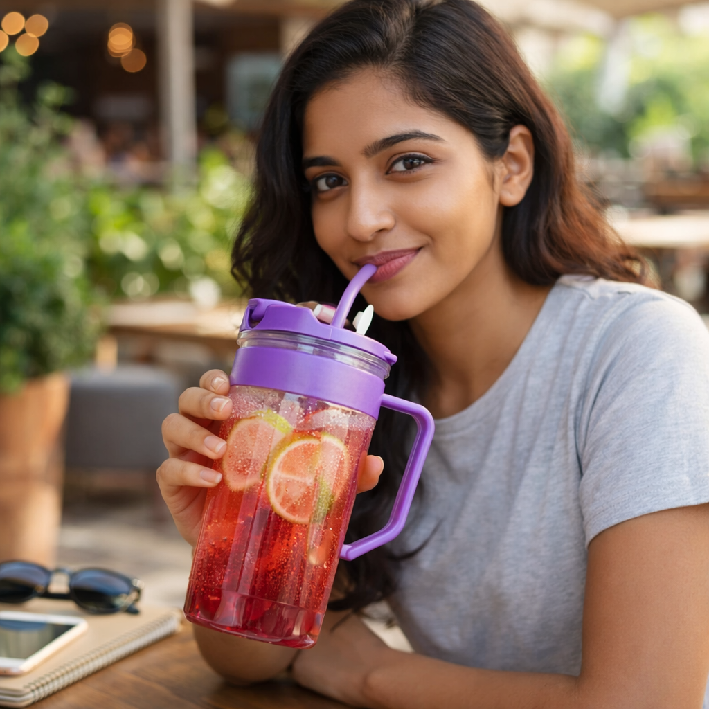 Plastic Tumbler with Straw & Handle – 500 ML  and Water Cup