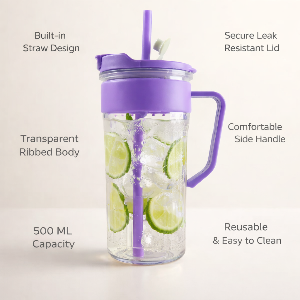 Plastic Tumbler with Straw & Handle – 500 ML  and Water Cup