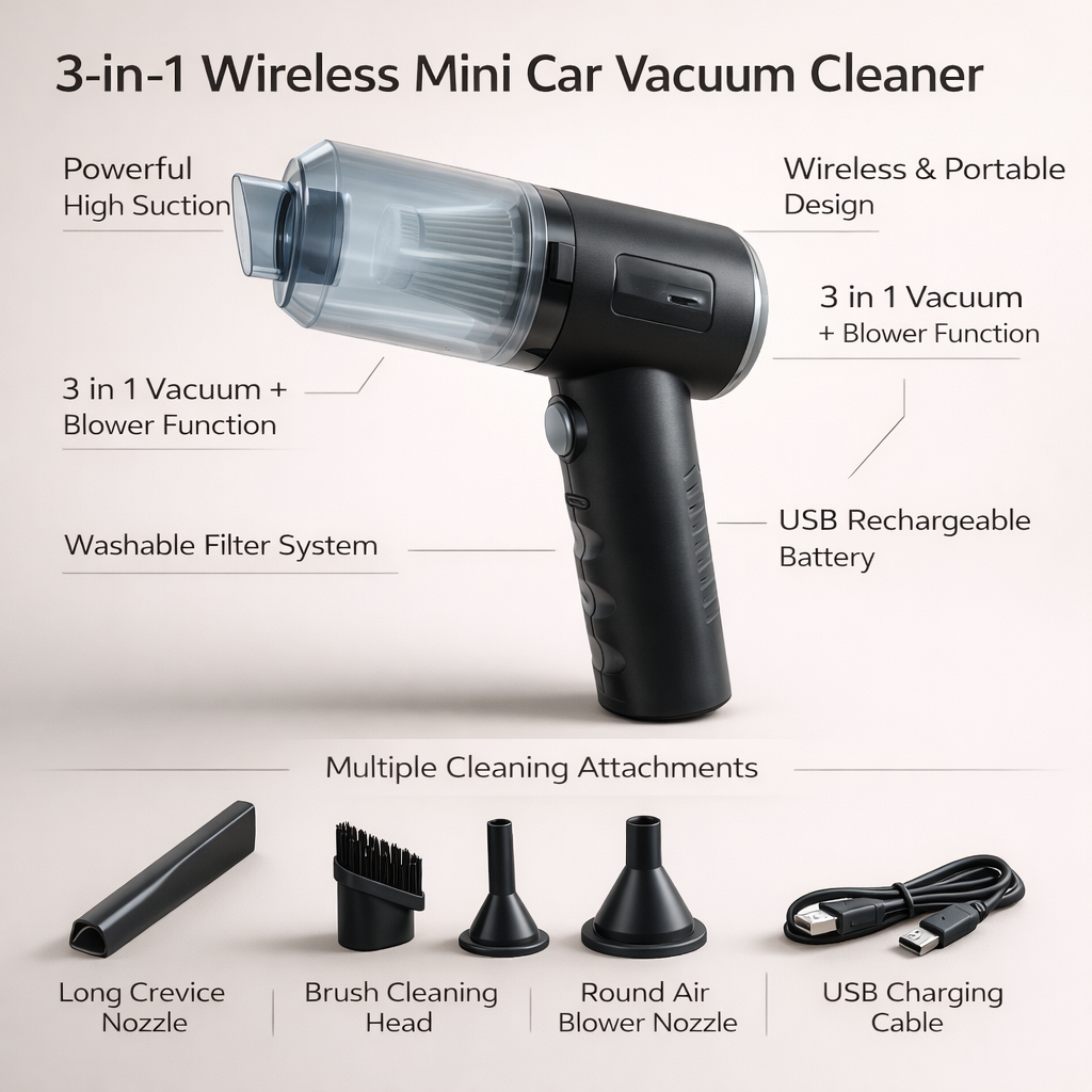 3 in 1 Wireless Mini Car Vacuum Cleaner – Rechargeable Handheld Vacuum with Blower