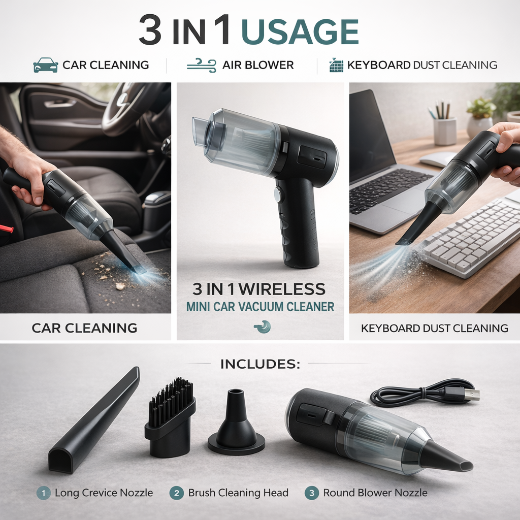 3 in 1 Wireless Mini Car Vacuum Cleaner – Rechargeable Handheld Vacuum with Blower