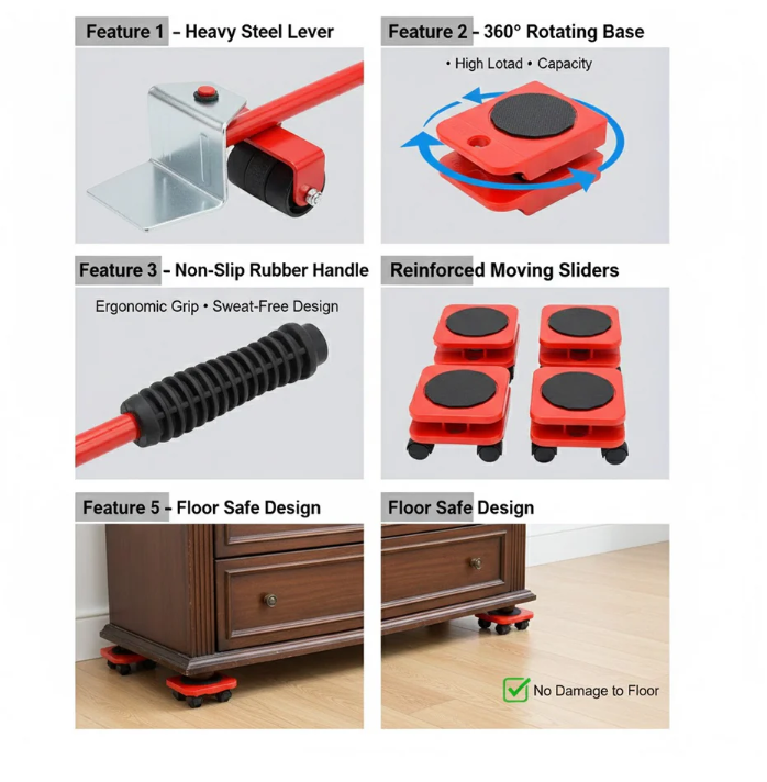Heavy-Duty Furniture Lifter & Moving Tool Set – 5 Piece Furniture Shifting Kit