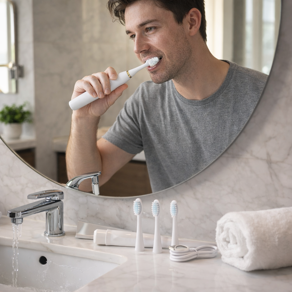 Rechargeable Electric Toothbrush (White) with 3 Extra Brush Heads