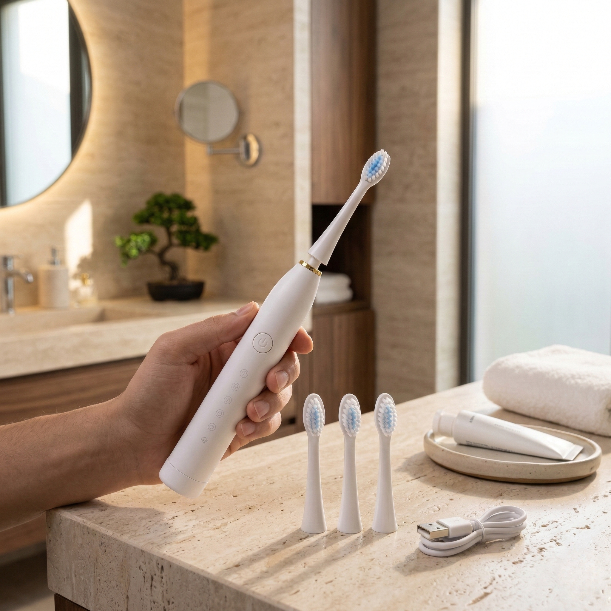 Rechargeable Electric Toothbrush (White) with 3 Extra Brush Heads